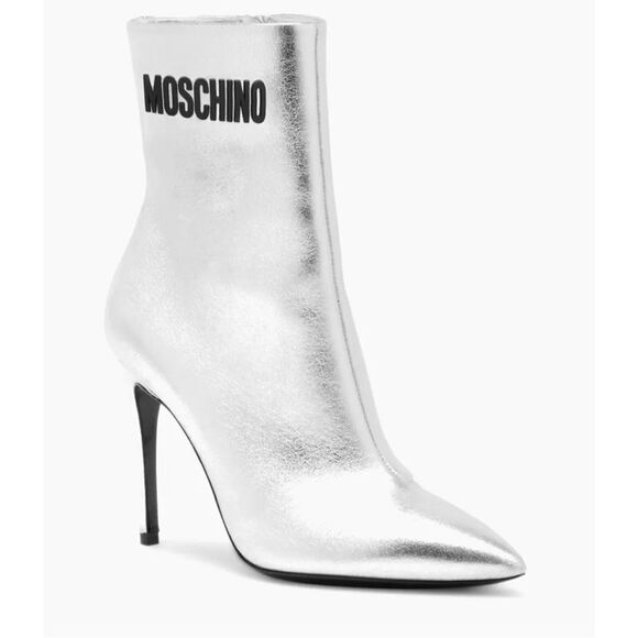 Moschino Logo-Detailed Metallic Leather High-Heel Booties size 38 - Picture 2 of 15